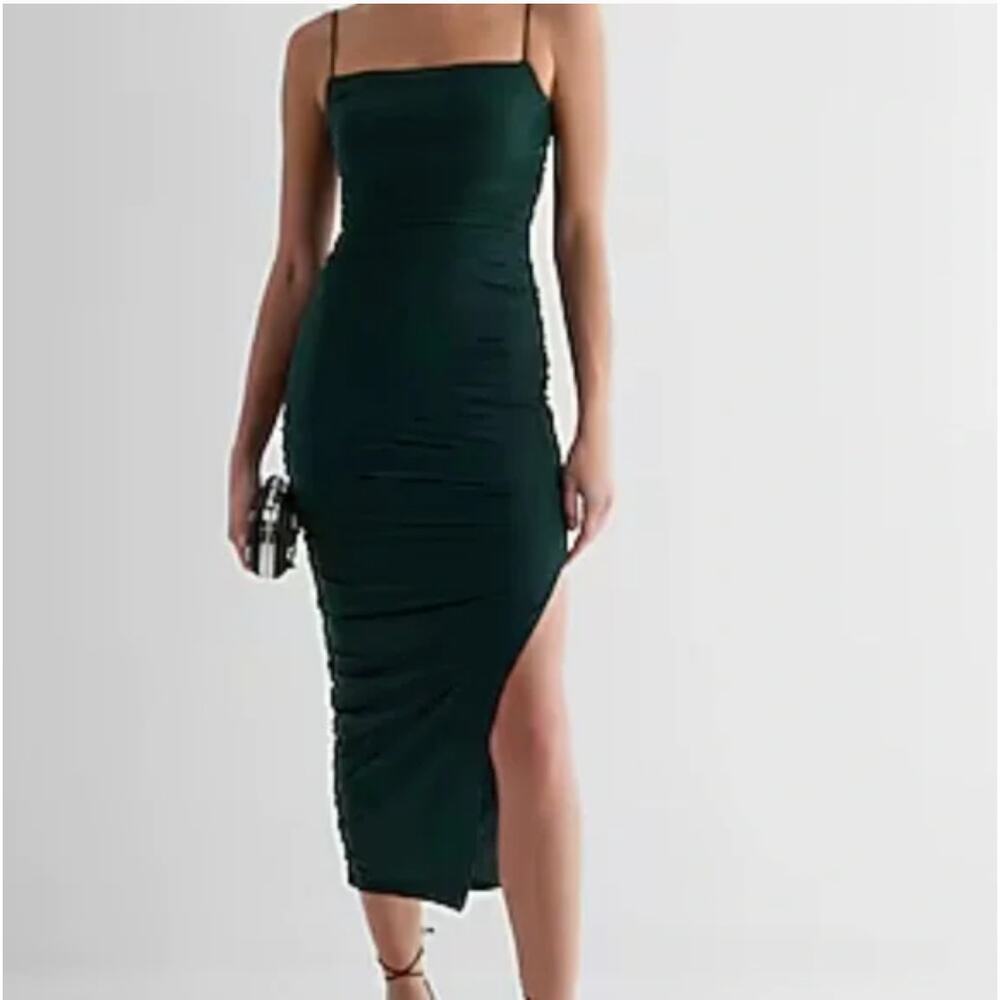 Express NWT | BODY CONTOUR MESH RUCHED SIDE SLIT MIDI DRESS WITH BRA CUPS